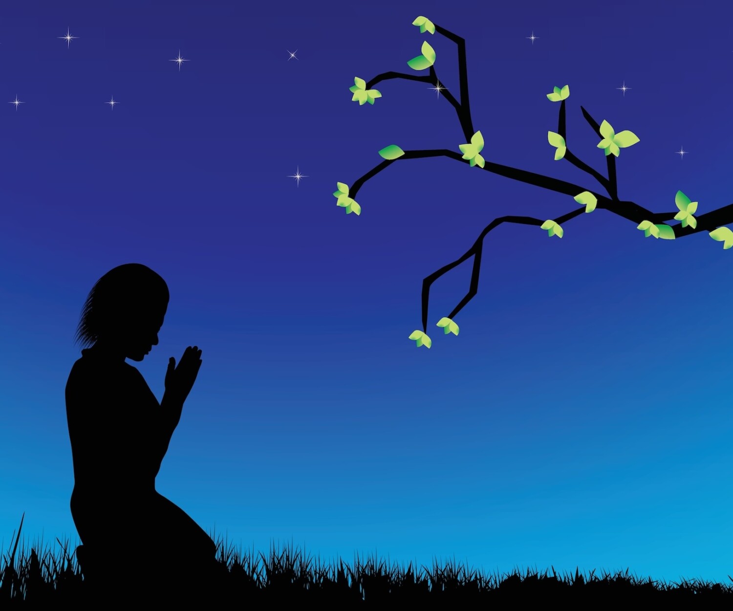 Person prays on knees under tree